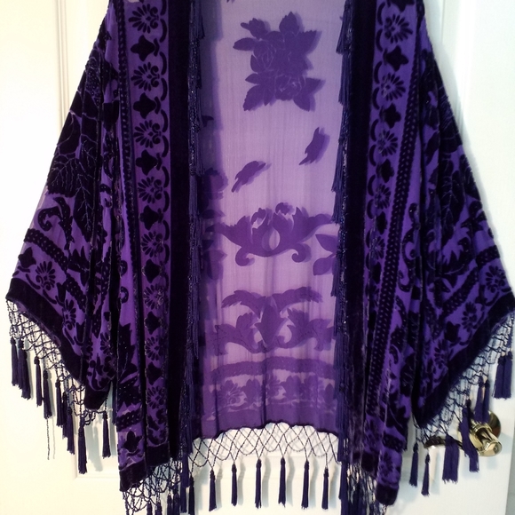NEW PURPLE SILK VELVET BURNOUT FRINGED &BEADED LG - Picture 8 of 8